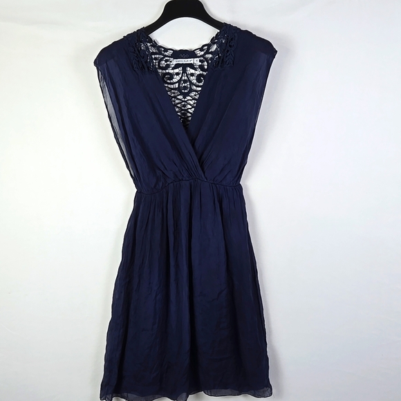 Tempo Paris Embroidred V-Neck Navy Blue Sleeveless Dress Sz M Coastal Boho - Picture 1 of 10